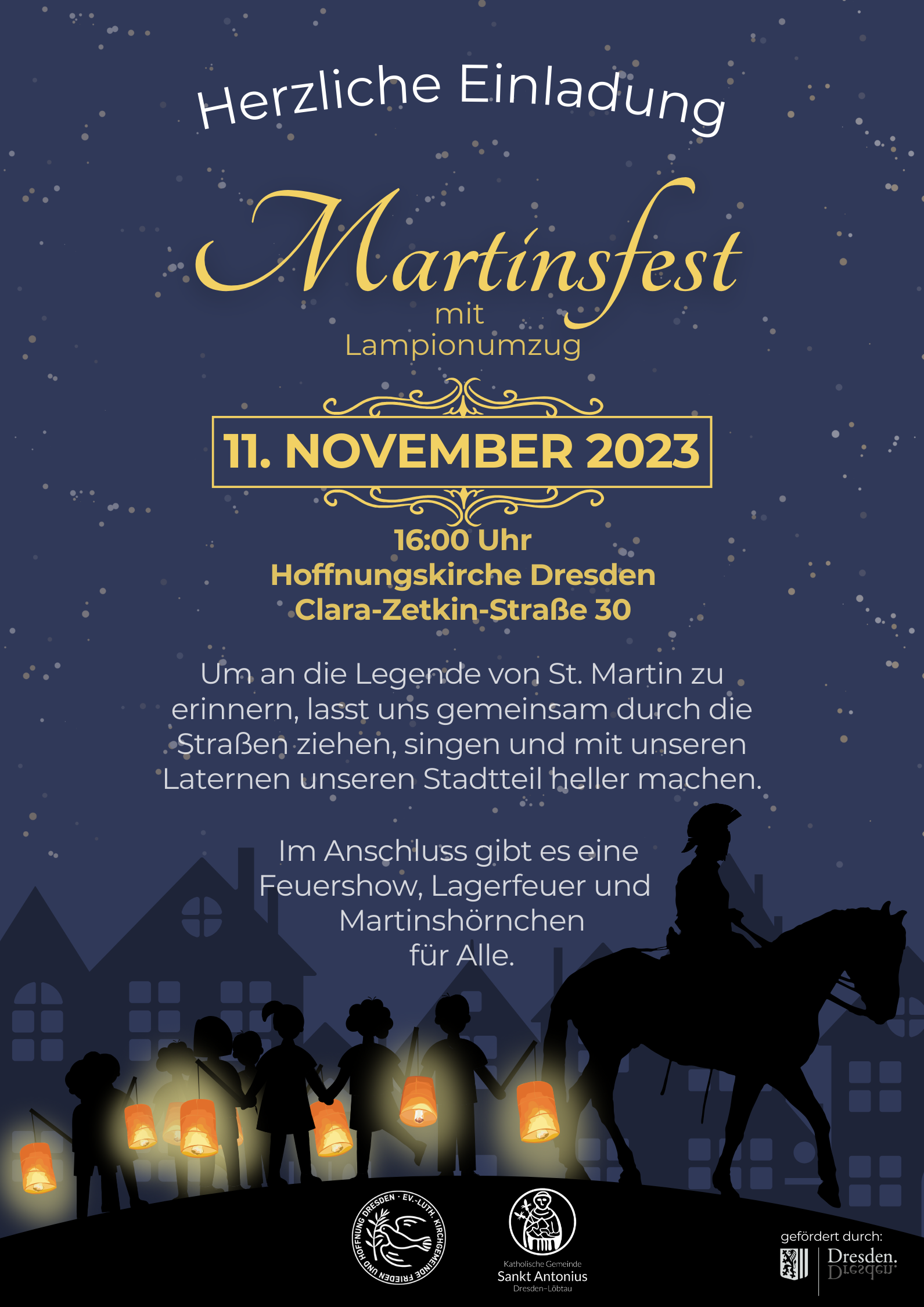 dunkelblau gold illustrativ nacht st. martin laternen umzug flyer | Kath. Pfarrei Selige Märtyrer vom Münchner Platz - Aktuelles
